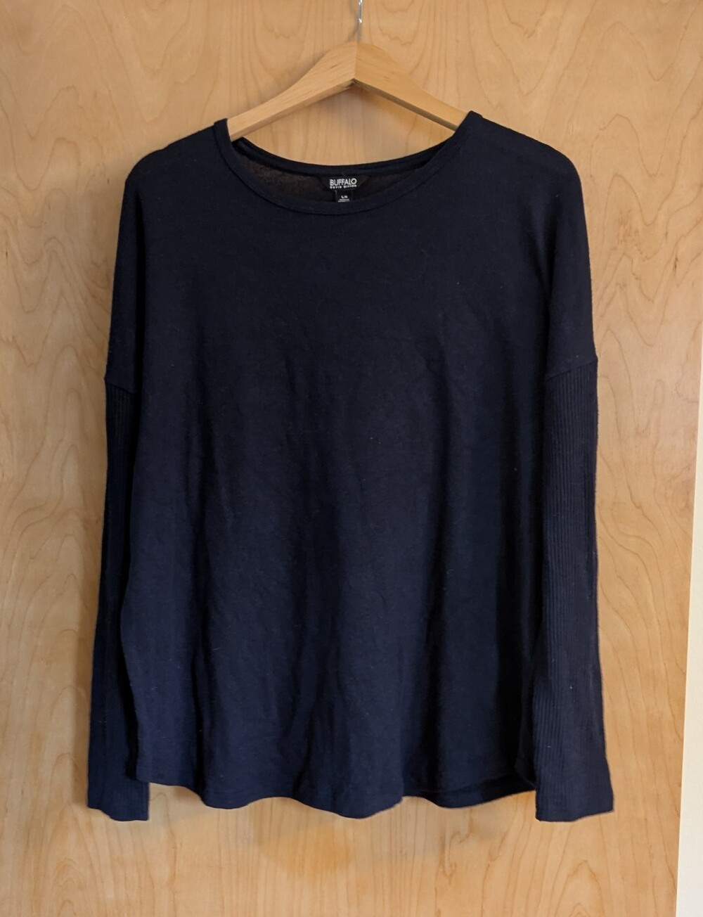 Basic Thin Light Cotton Long Sleeve Crew Neck Sweater Tee, Ribbed Sleeves